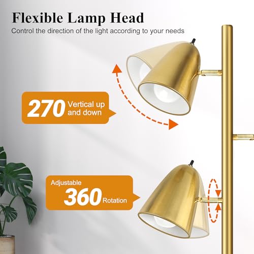 Brushed Gold Tree Floor Lamp with 3 Adjustable Arms & LED Bulbs - Tall Standing Reading Light