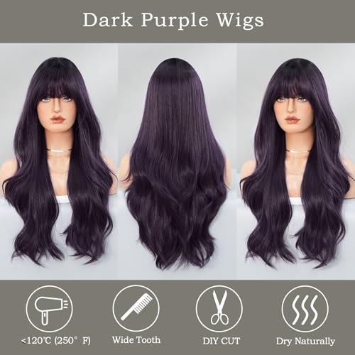 28 Inch Dark Purple Wavy Synthetic Wig with Bangs - Heat-Resistant Fiber for Women & Girls - Holiday, Party, Daily Use Variation of Dark Purple / 28.0 Inches