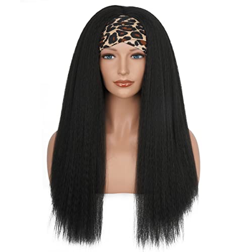 24 Inch Natural Black Kinky Straight Headband Wig - Glueless, Synthetic, for Black Women