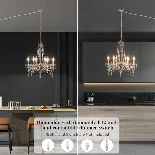 Plug-in Gold Crystal Chandelier with Long Cord - Modern Hanging Light Fixture