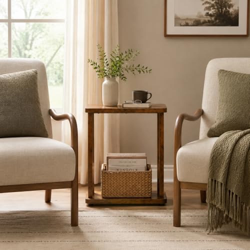Rustic Brown Narrow Side Table - 7.9 Inch Slim End Table with Dual-Tier Storage