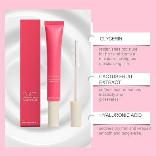 3-In-1 Hair Styling Cream, Hair Cactus Fruit 3-In-1 Styling Cream & Taming Wand, Smooth Frizz, Cactus Fruit Extract for Tames Flyaway H-air, Enhances Shine, Non-Greasy, for Women & Girls (3 PCS)