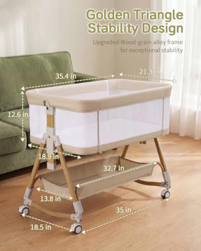 Baby Bassinet Bedside Crib - 3-in-1 Rocking & Folding Bed with Wheels, Adjustable Height, Mesh Sides - Beige