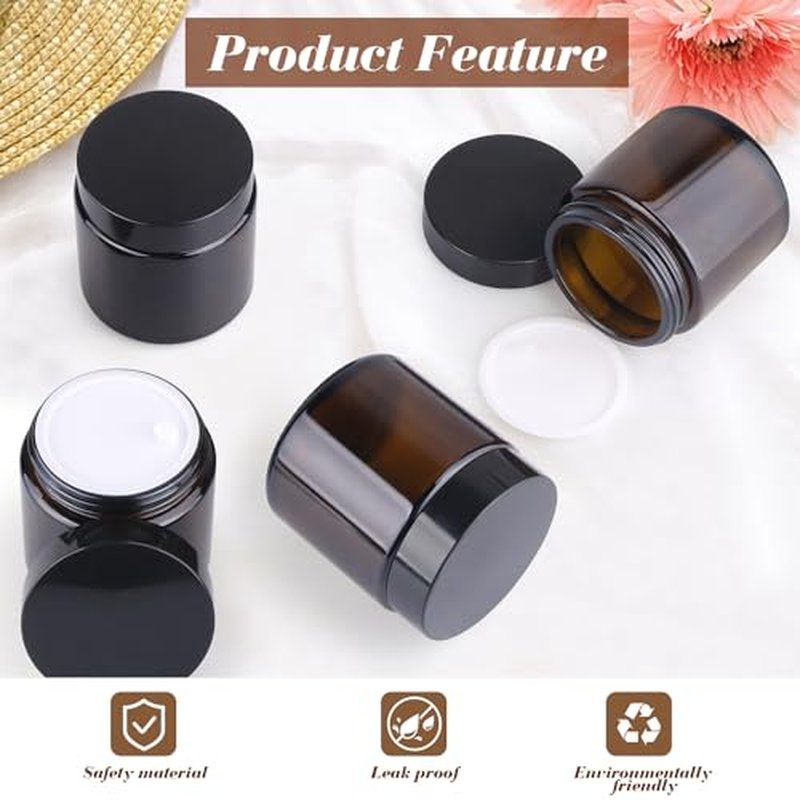 4Pcs 100g/3.4oz Amber Round Glass Jars Brown Facial Cream Packaging Pot Leak Proof Cosmetic Bottles with Plastic Inner Liners and Lids for Balm,Lotion,Aloe Gel,Body Scrub