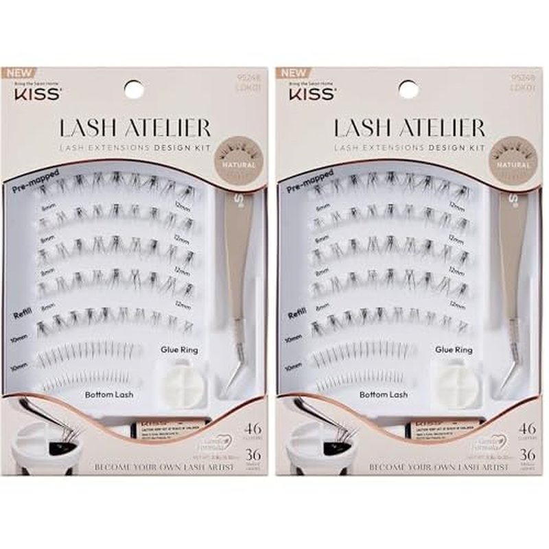KISS Lash Atelier Professional Lash Extension Kit, ¡®Natural¡¯, Pre-Mapped False Eyelashes, 46 Lash Clusters & 36 Individual Lashes, Last For Up To 7 Days, Glue Ring, Applicator (Pack of 2)