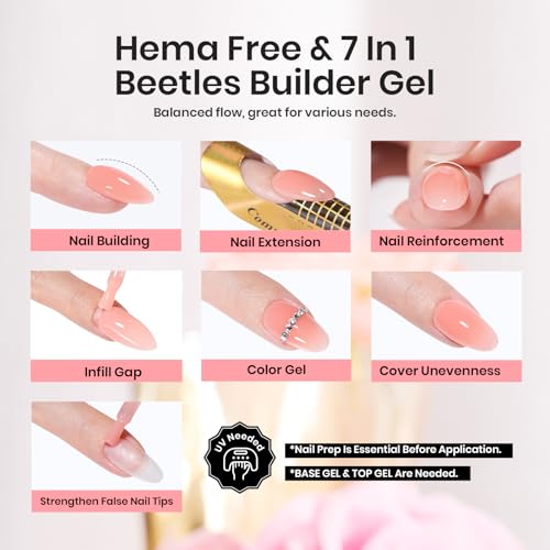 Beetles Builder Gel for Nails HEMA-Free,Pristine Grace Nude Pink 7 in 1 Strengthening Apex Building Nail Extension for Beginners DIY Salon at Home,Nude Builder Nail Gel,UV & LED Lamp Needed