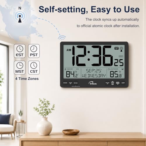 Extra Large Atomic Wall Clock with Backlight, Indoor Outdoor Temp, Battery Operated