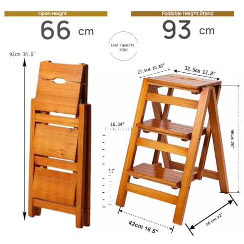 Brown 3-Step Folding Ladder Stool - Solid Pine Wood, Max 330 lb Capacity, Anti-Slip, Space-Saving Design for Home & Kitchen
