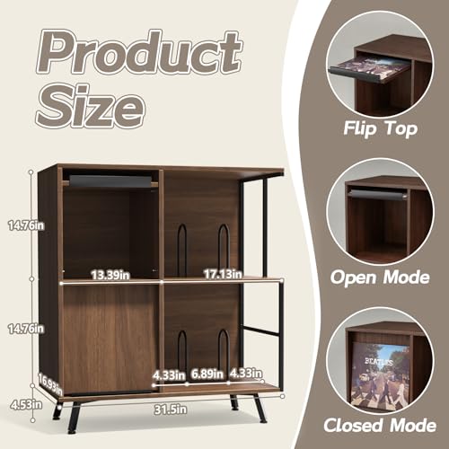Walnut 3-Tier Record Player Stand with Flip-Down Vinyl Shelf - Faesun