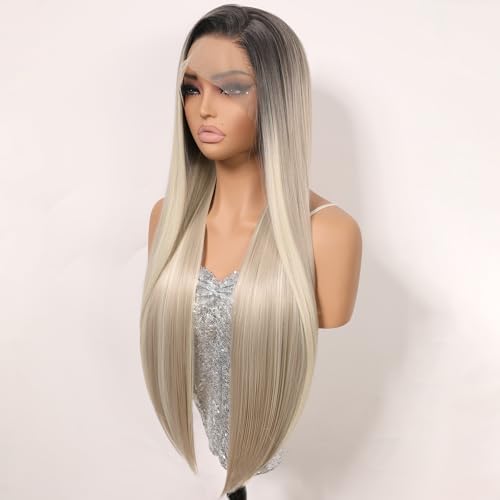 Balayage Ice Platinum Blonde Lace Front Wig with Dark Roots - Ash Blonde Highlights for Women