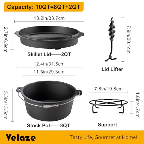 10QT Cast Iron Camping Dutch Oven with Lid - Pre-Seasoned Outdoor Cooking Pot