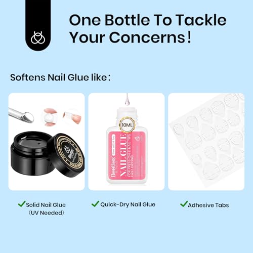 Beetles Nail Glue Remover with Cuticle Tool, 1 Pcs 20ml Press on Nail Remover Non-Acetone Adhesive for False Nail Tips Gentle Formula Not for U v Nail Glue Gel