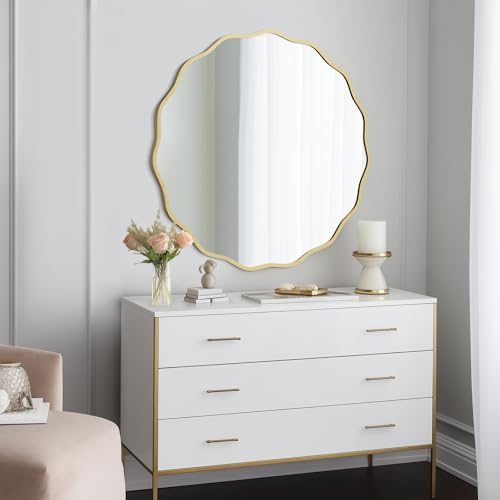 Gold Wavy Round Wall Mirror 32 Inch for Bathroom Bedroom Living Room - Modern Aluminum Frame, Decorative Mirror