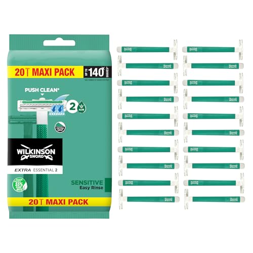Disposable Razors for Men - Wilkinson Sword Extra 2 Sensitive 20 Pack - Sensitive Skin, Vitamin E, Push Clean, Travel Cap