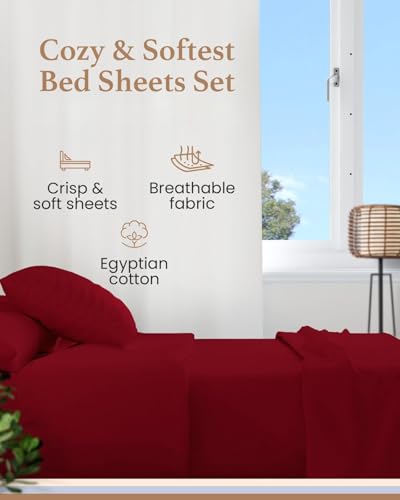 Queen Size Egyptian Cotton Bed Sheets Set - Burgundy 4 Piece Deep Pocket