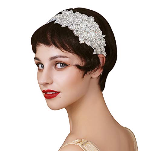 SWEETV Silver Rhinestone Flapper Headband 1920s Gatsby Hair Accessories for Women