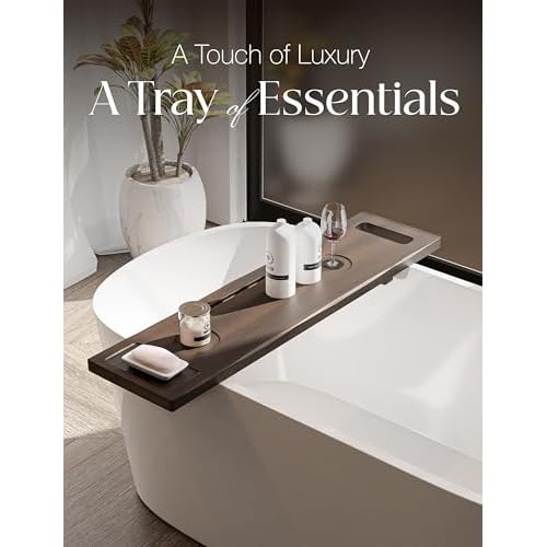 Tinamo Acacia Bathtub Tray Caddy with Adjustable Legs - Bath Tub Tray for Freestanding Tubs - 39x9.75 Inch Large Wooden Anti-Tipping Tub Tray for Bathtub with Accessories Holders (Walnut, 39x9.75)