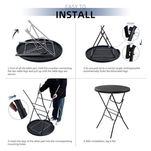 Black 32x43 Inch Folding Cocktail Table - High Top Bar Table, Portable