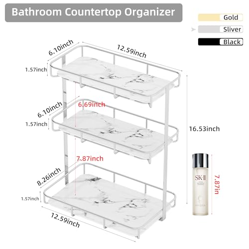 3 Tier XL Silver Bathroom Organizer with Marble Ceramic Trays