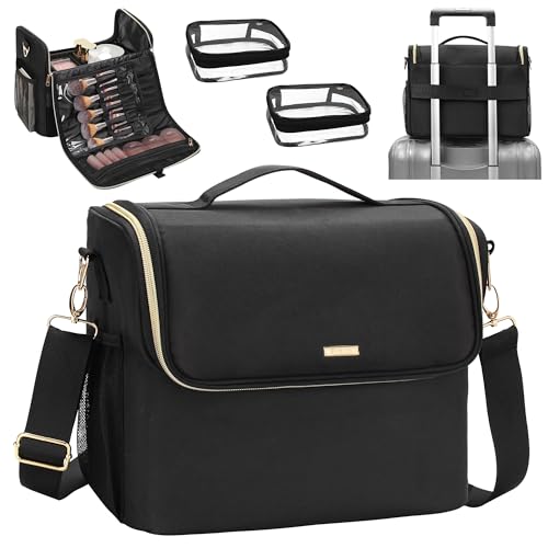 Large Makeup Carrying Train Case, Makeup Bag with 2 Small Bags, Professional Makeup Artist Bag Tattoo Case Travel Makeup Organizer Box with Adjustable Dividers and Shoulder Strap (Black)