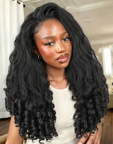 Black Yaki Curly V Part Wig 24 Inch Loose Wave Bouncy Curl Ends - Black