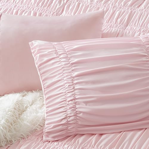 Pink Queen Comforter Set with Ruched Shabby Chic Design - 3 Piece Full/Queen Bedding