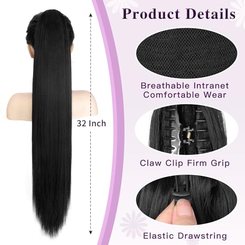 Long Straight Ponytail Extension 32 Inch Black Drawstring Hair for Women