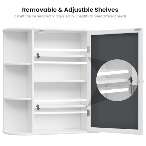 Bathroom Medicine Cabinet with Mirror, Wall Mount Storage - White, 26L x 6.3W x 25.2H - Includes 2 Adjustable Shelves & 6 Open Shelves