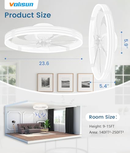 White 24 Inch Low Profile Ceiling Fan with Lights and Remote - Dimmable LED Flush Mount Fan for Bedroom