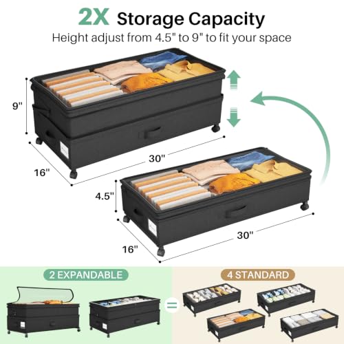 Kitstorack 4 Pack Height-Adjustable Under Bed Storage Containers with Wheels & Clear Windows - Black