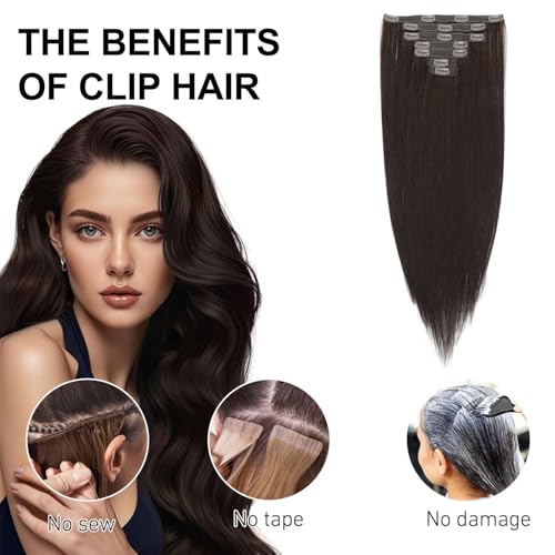 Dark Brown Clip in Hair Extensions - 20 Inch Human Hair, 7PCS, Easy Wear (Variation #2)