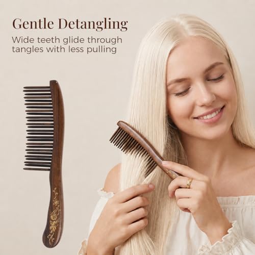 Handmade Wooden Wide Tooth Comb for Curly Hair - Anti-Static Detangling Hairbrush