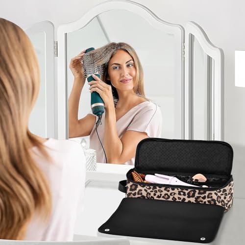 ElliTarr Leopard Print Brown Travel Hair Tools Case with Heat-Resistant Mat, 2-in-1 Curling Iron Organizer