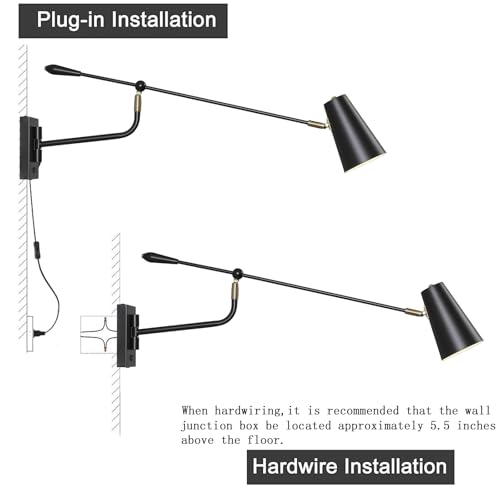 Matte Black Adjustable Wall Lamp Swing Arm Wall Sconce with White Shade and Gold Accents