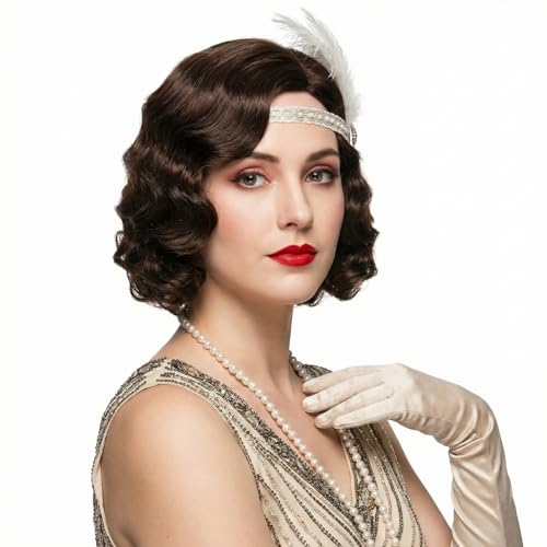 Long 1920s Vintage Curly Wig - Brown, Middle Length, Synthetic & Heat-Resistant