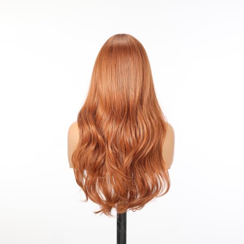 Sunset Copper Auburn Wavy Long Wig with Bangs - Voluminous High Crown, Realistic Scalp, 24 Inch Style