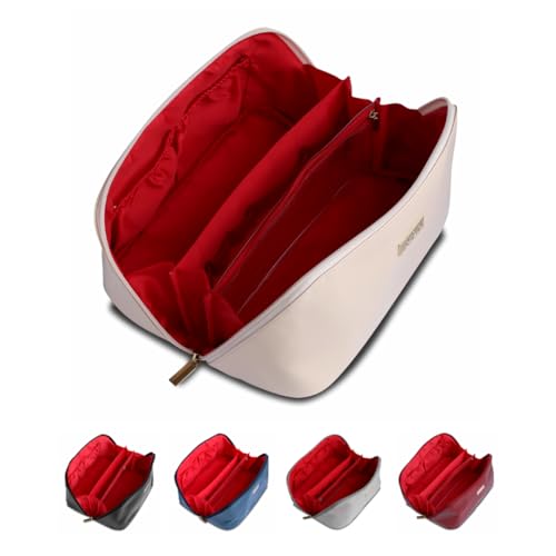 NAORI Travel Makeup Bag for Women | Large Luxury Cosmetic Organizer with Handle & Inner Pockets | Waterproof Faux Leather Toiletry Bag | Makeup Case for Home, Travel & Gifting (Creamy Beige)