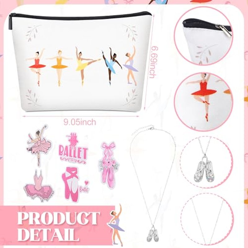 Jadive 4 Pcs Ballet Gifts Ballerina Dance Recital Gifts Set Canvas Makeup Bag Dance Stickers Necklace Socks for World Ballet Day Women Party Supplies Birthday Decorations