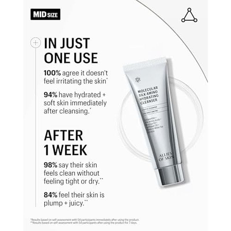 Allies of Skin Hydrating Silk Amino Travel Size Face Cleanser | Gentle Daily Face Wash with Vitamin C & Hyaluronic Acid | Moisturizing and Silky Soft for Dry and Sensitive Skin (0.8 fl oz)