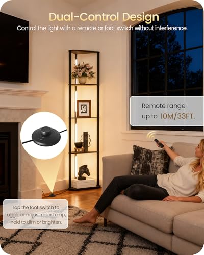 GOEBLESON 63.4" Corner Floor Lamp with Shelves & Dimmable LED Light - Black Triangle