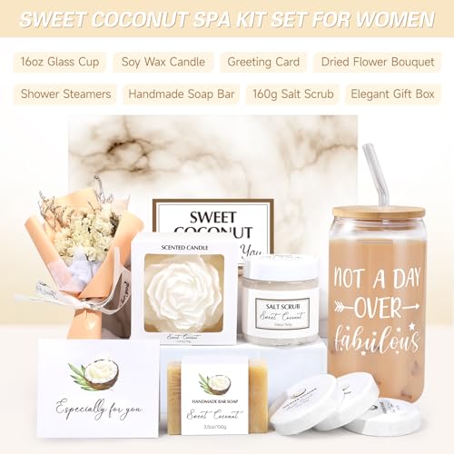 Spa Gift Baskets for Women, Sweet Coconut Birthday Gifts Baskets for Women, Spa Kit Gift Box, Bath and Body Relaxing Gifts Set for Mother Wife Sister Friends with Glass Cup Salt Scrub Shower Steamers