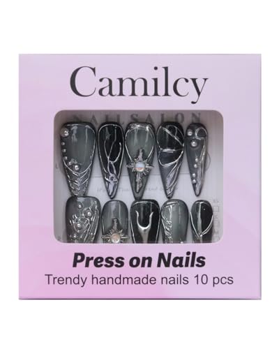 Luxury Handmade Press On Nails Gray Silver Gradient Long Stiletto with 3D Design - Reusable Gothic Fake Nails (Variation B07 / M)
