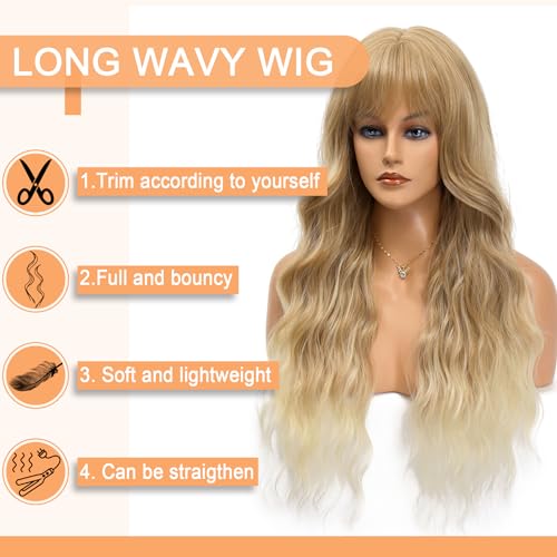 Vomella Blonde 26 Inch Curly Wavy Synthetic Wig with Bangs for Women - Natural Look & Heat-Resistant