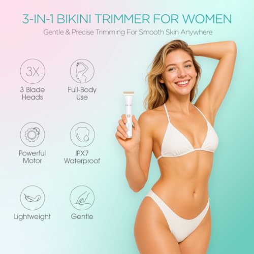 Bikini Trimmer for Women, 3-in-1 Electric Razors for Women, Cordless Compact Waterproof Pubic Hair Trimmer for Body, Face & Bikini Area (White)