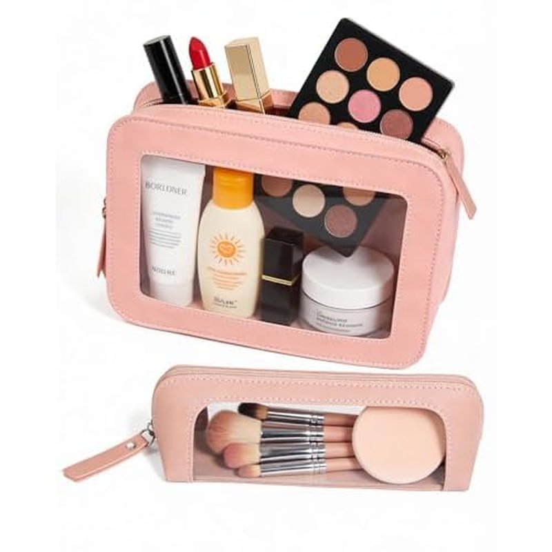 LETGO 2Pack Clear Makeup Bags Set, Small Clear Makeup Bag, PU Leather Travel Makeup Brush Case Portable Transparent Waterproof Cosmetic Organizer Pouch with Zipper for Women(2Pack-White Set)