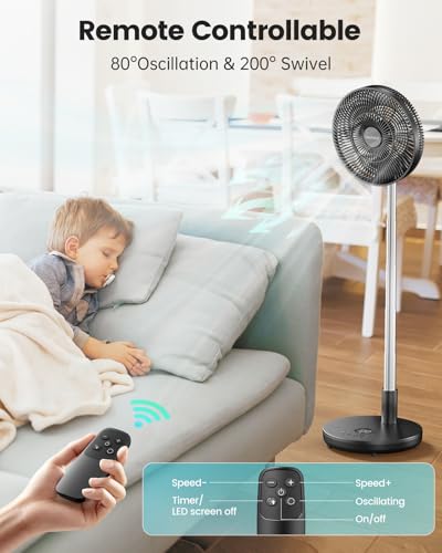 Foldable 12-Inch Rechargeable Standing Fan with Remote, 6 Speed, Black
