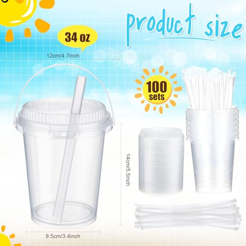 Funnymoom 100 Pack 34 oz Clear Plastic Drink Buckets with Lids & Straws for Events