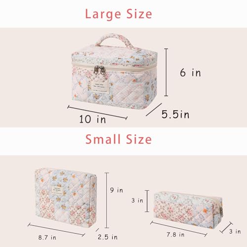 Large Quilted Makeup Bag for Women - 3 Pack Pink Flower Variation