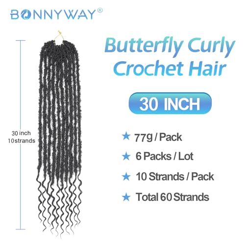 BONNYWAY 30 Inch Butterfly Curly Crochet Hair 6 Packs Natural Black