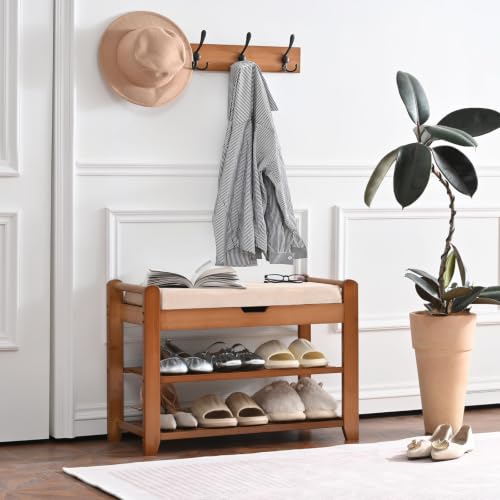 27.6in Bamboo Shoe Rack Entryway Bench with Hidden Drawer & Hooks - Homman